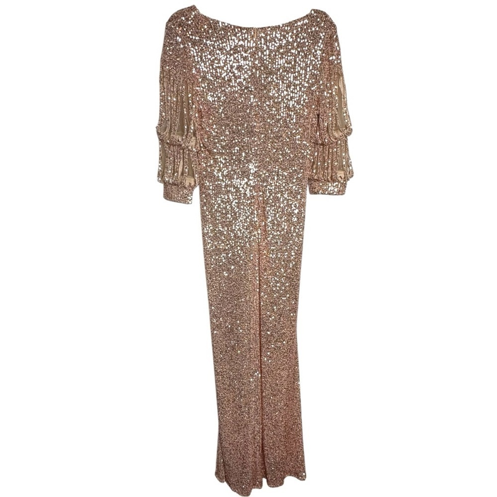 Rose Gold Sequin Maxi Dress with V-Neck and Sheer Tiered Sleeves - Picture 2 of 8